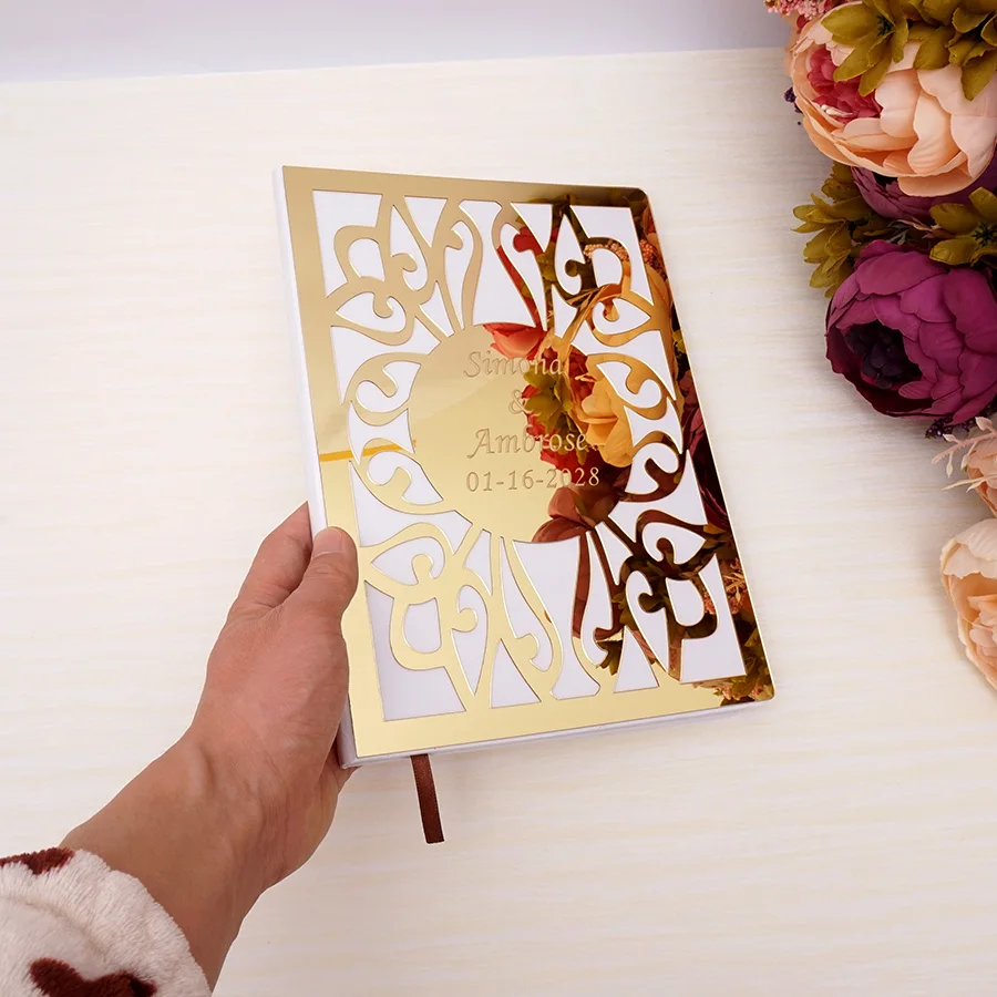 

Personalized Wedding Signature Guest Book Custom Acrylic Mirror Cover White Blank Pages Books Party Decor Favors DIY Gifts