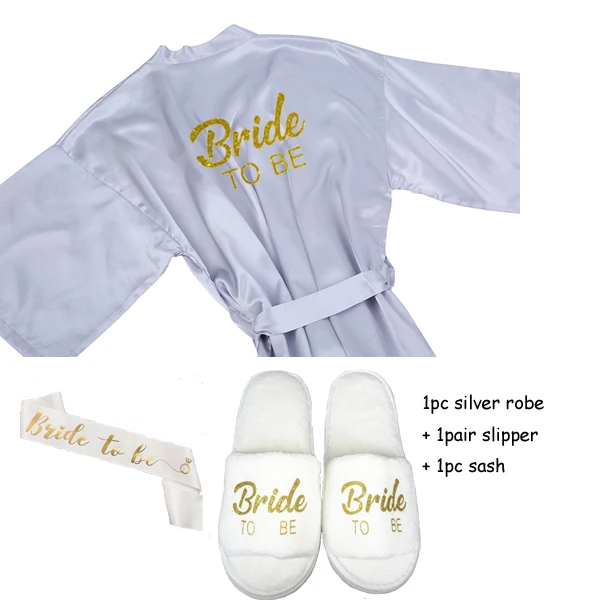 Sisbigdey/комплект из 3 предметов для невесты; халат атласный; шлёпанцы; Атласный халат с поясом; Женская Блестящая свадебная одежда золотого цвета; вечерние кимоно - Цвет: silver 3pc set