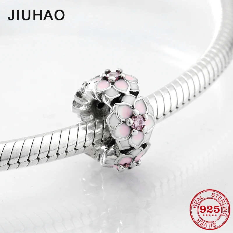 Printemps fleur émail rose CZ entretoise 925 perles en argent Sterling pour la fabrication de bijoux Fit Original Pandora bracelets porte-bonheur bracelets