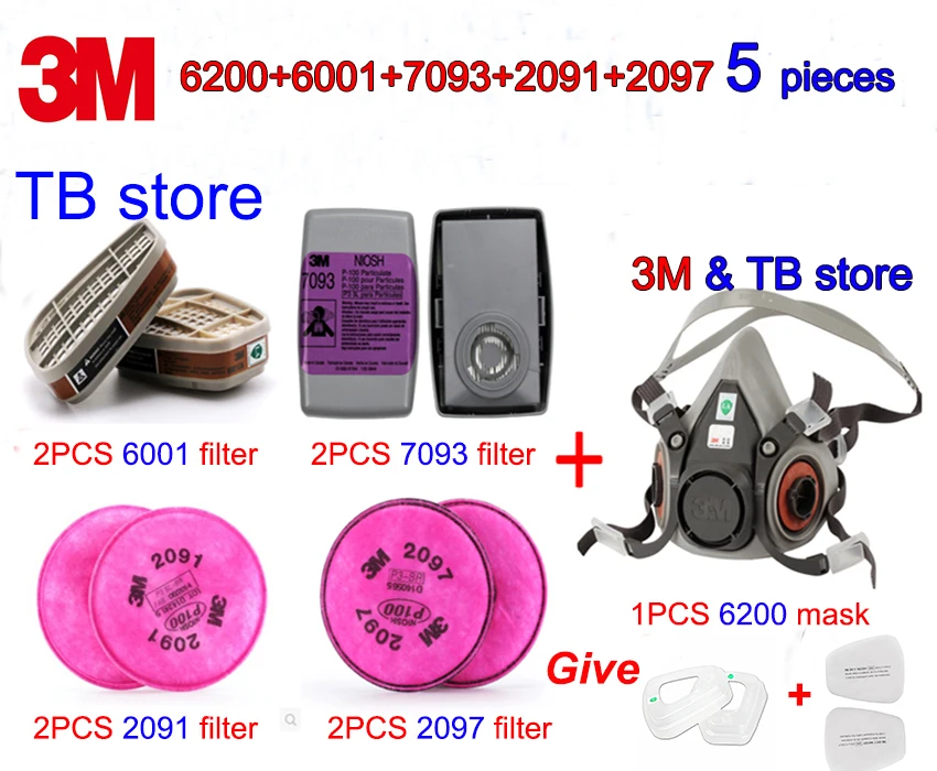 

3M 5 sets respirator mask 6200+6001+7093+2091+2097 Combination gas mask multiple uses With Spray paint dust-proof filter mask