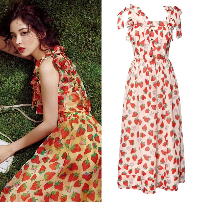 

2019 Spring and Summer New Gulina Zaton Strawberry Print Sling Dress 13 Line Women's Holiday Long Dress Women Clothes Print