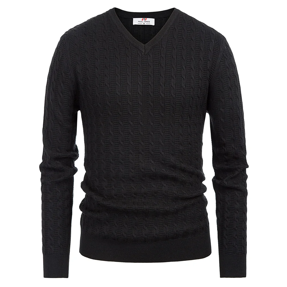 

black Men Knitwear pullovers spring fall Fashion Long Sleeve V-Neck slim vintage basic top casual Cable Stitch Knitting Sweater