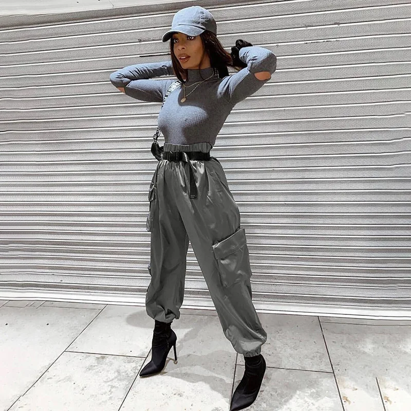 

2019 Street Fashion Pockets Loose Casual Harem Pants Quality High Waist Satin Trousers Women Hip Hop Cool Ladies Sweat Pants