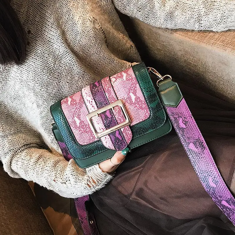 

Youbroer Wide Shoulder Strap Summer Leisure Contrast Color Serpentine Lock Buckle Single Shoulder Crossbody Small Bag Panelled