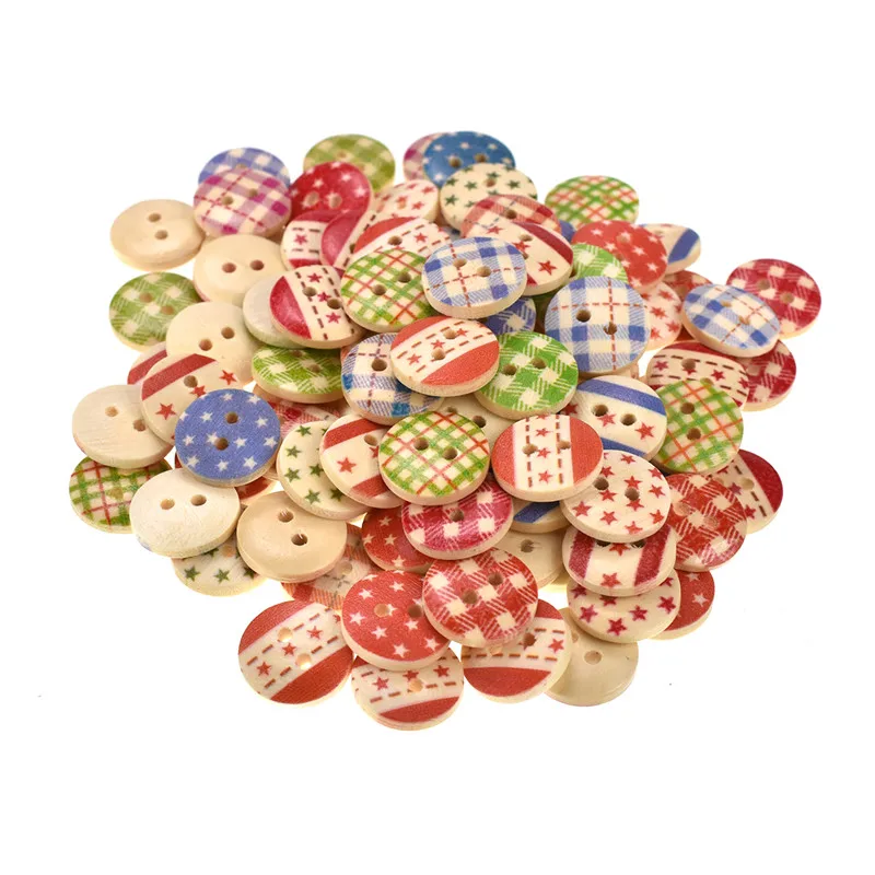 100PCs Wooden Sewing Buttons Scrapbooking Round Colorful Mixed 2 Holes 15mm Decorative Button For Clothing Garment Accessories (3)