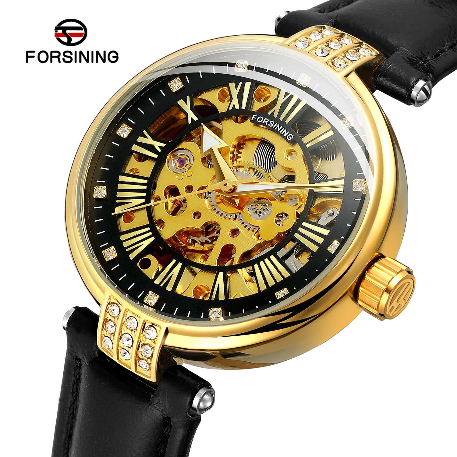 Forsining Lady Small Dial Luxury Diamond Display Black Golden Mechanical Women Automatic Watch