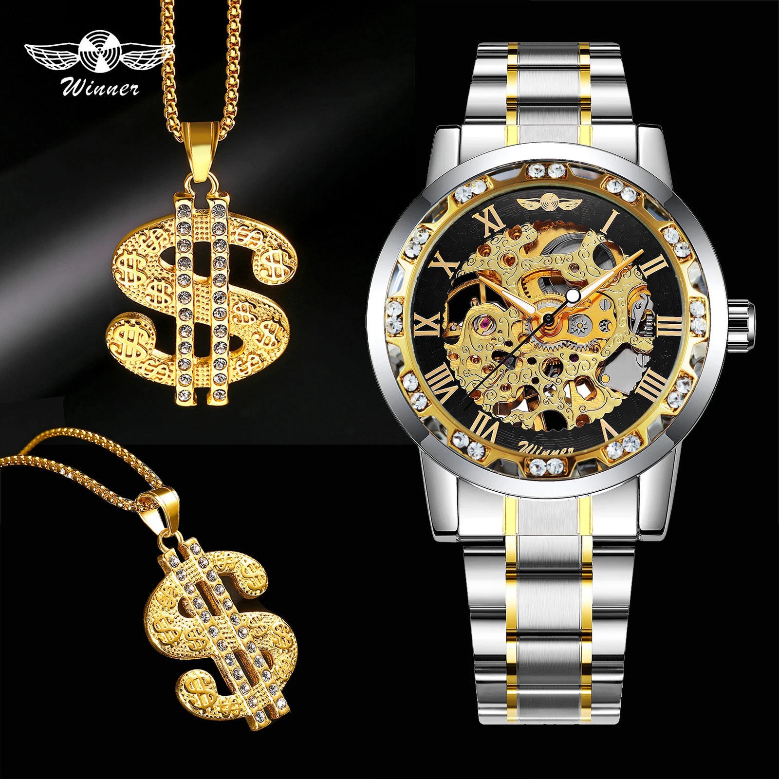 

WINNER Official Hip Hop Punk Jewelry Set Mechanical Mens Watches Top Brand Luxury Stainless Steel Strap + Iced Out Gold Necklace