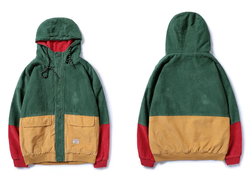 Color Block Patchwork Corduroy Hooded Jackets 4