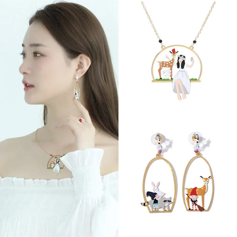

2018 New Cartoon Princess Deer Dwarf Asymmetry Earrings For Women Enamel Glaze Statement Luxury Drop Earrings Party Jewelry