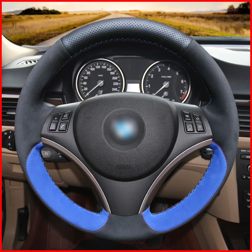 MEWANT Black Genuine Leather Black Blue suede Car Steering Wheel Cover
