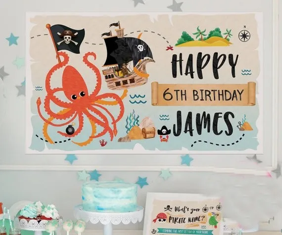 custom Map Pirate Ship Decorations Kraken Treasure Birthday backgrounds Computer print party backdrops | Электроника