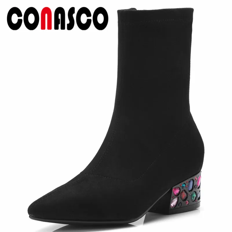 

CONASCO New Women Socks Boots Rhinestone High Heels Night Club Party Shoes Woman Zipper Pointed Toe Ankle Boots For Woman