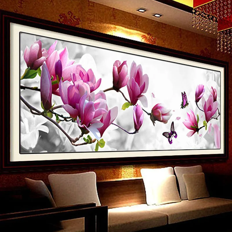

5D Diamond Painting Magnolia and Butterfly Diamond Embroidery Flower Round Rhinestone Pasting Kits Mosaic Home Decor Painting