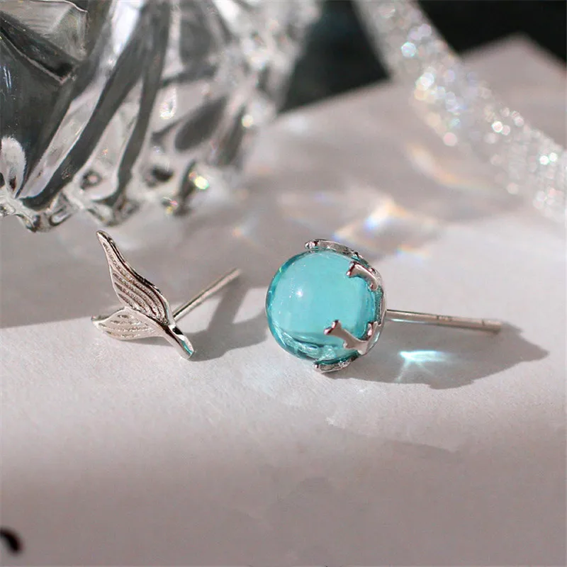 

100% 925 Sterling Silver Blue Crystal Mermaid Stud Earring For Women Wedding Gift Ear Pierced Earings Creative Fashion Jewelry