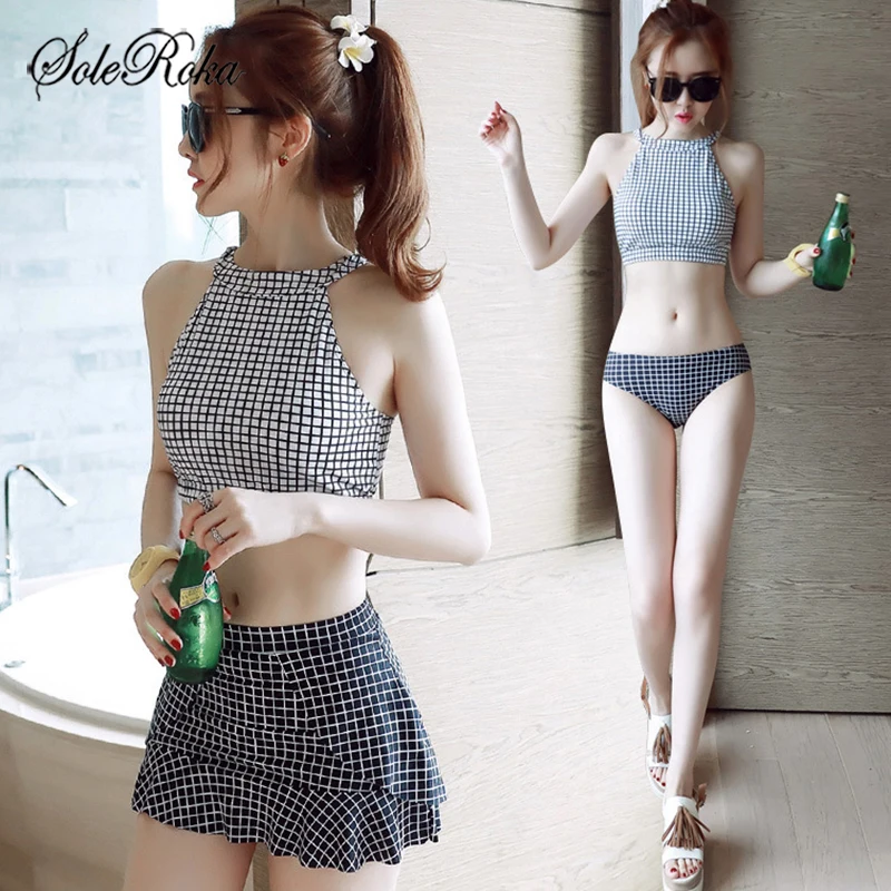 

Hot Spring Three-piece Suit Women Bathing Suit Swimwear Female Swimsuit for Girls High Waist Swimsuit Plaid Bikini Set Swim Suit