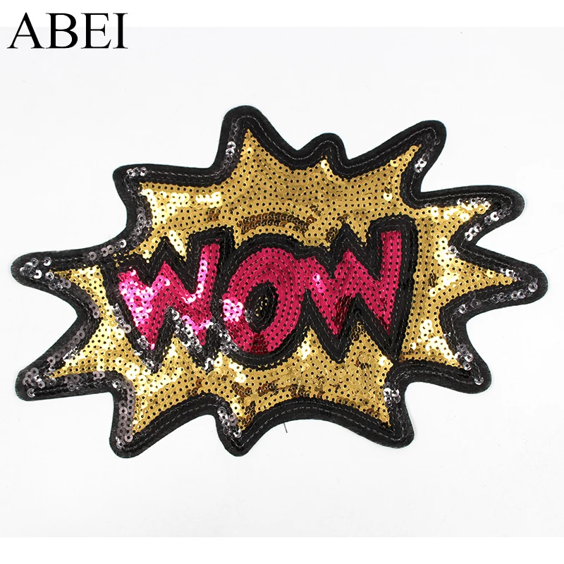 

2pcs/lot Iron On WOW Sequined Patches Embroidered Coats Big Appliques DIY Fashional Apparel Badge Patch Garment Sew Sticker Logo