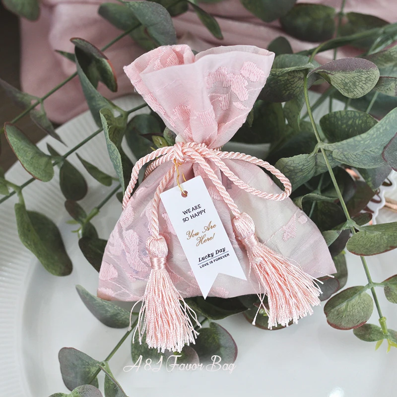 

50pcs lot Custom Pink White blue Lace Chocolate candy bag Anniversary Birthday gifts package Bridal party wedding favor bags