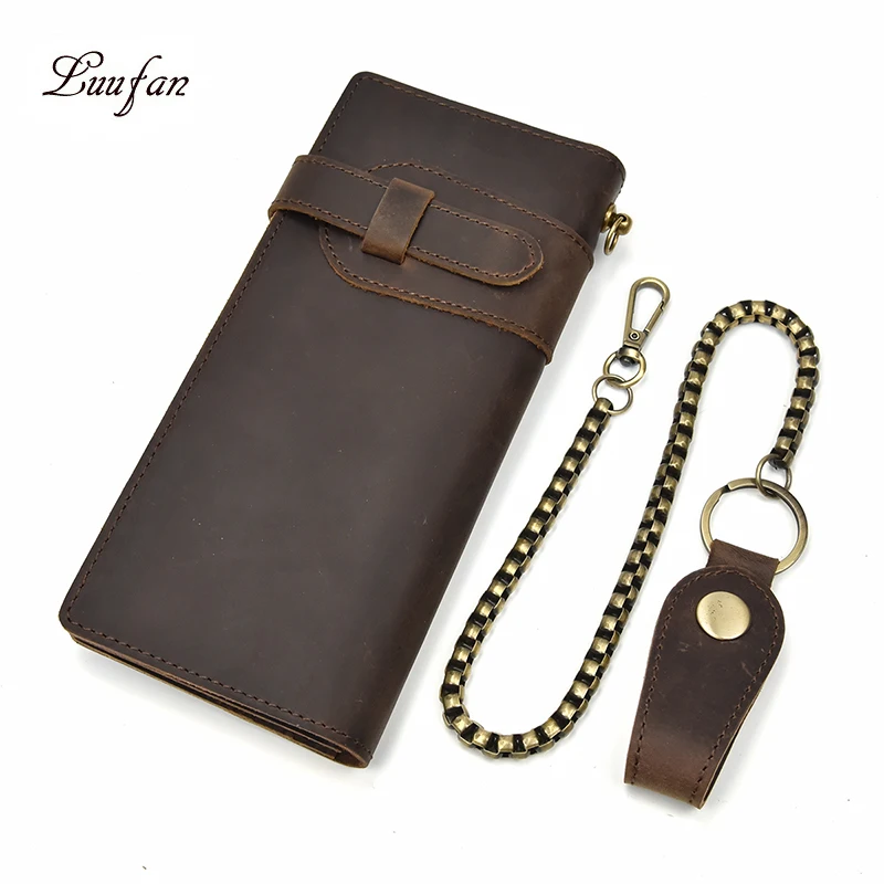 

Luufan Long Wallet Unisex Vintage Crazy Horse Leather Handy Lightweight Cards Photos Banknotes with Metal Strap Casual Wallet