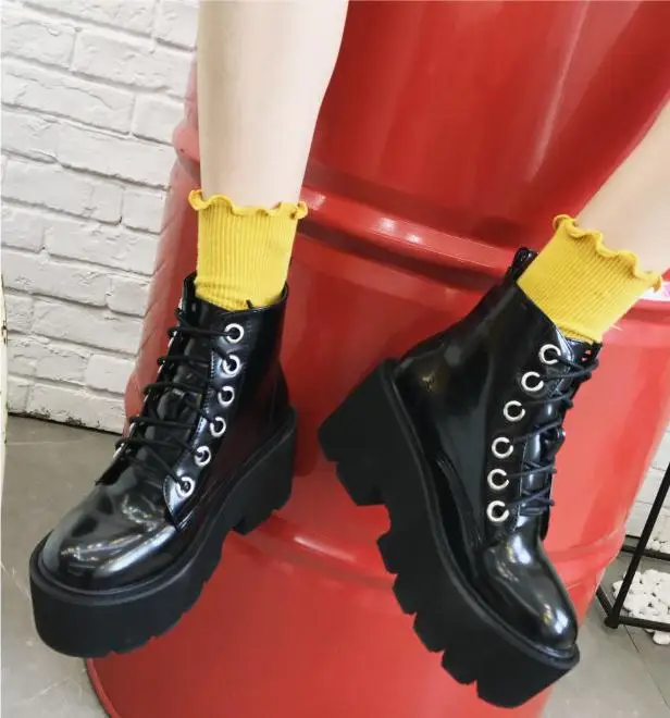 Negro Nuevos Plataforma Zapatos Ojales Botas Charol Punk Mujeres Grueso Invierno Encaje Talón Botines De Otoño Sólido Moto La gqr4qX