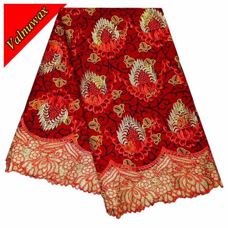 

Red Color African Wax Lace Fabrics 100% polyester Nigerian Ankara Print Lace Fabric 6Yards For Wedding Drees-QD4303#