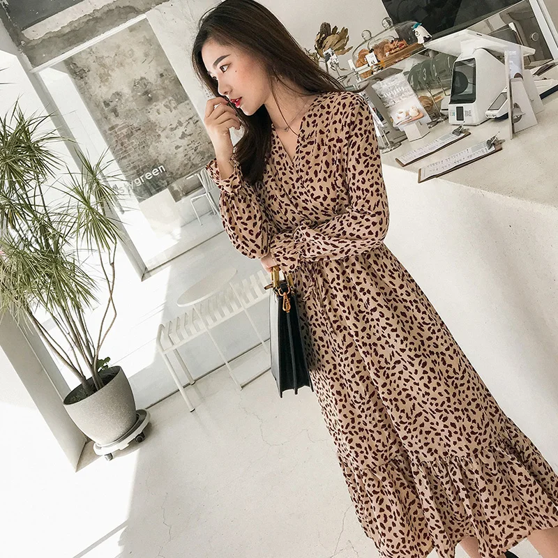 

Printed Party Summer Women Dress Elegant Girls Office Lady Korean Leopard Ruffle Midi Chiffon Dress Vintage Runway Vestido New