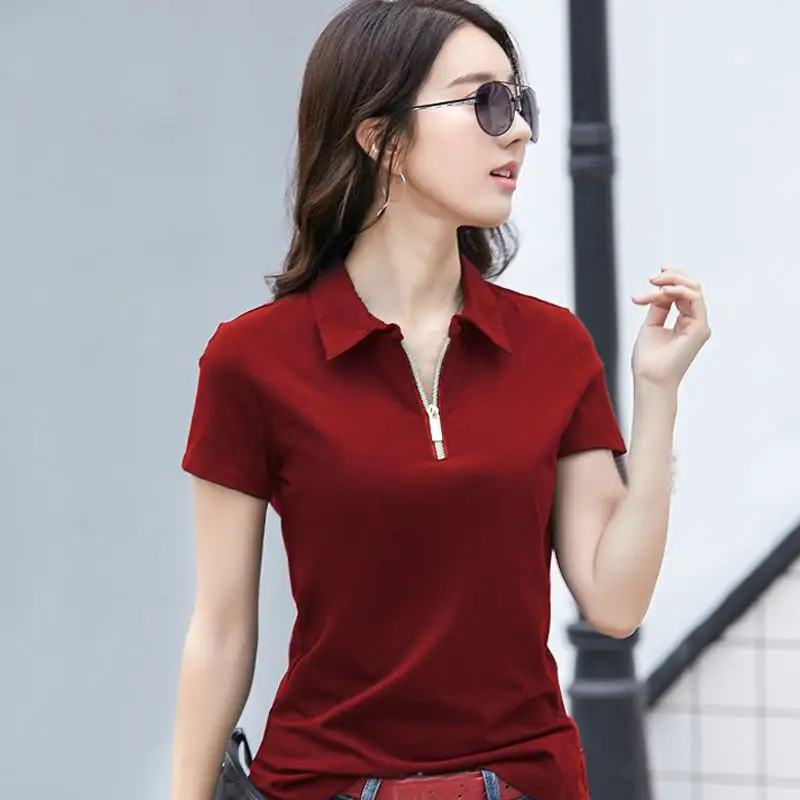 Polos de manga corta para camisas de algodón de Color sólido con cremallera, camisetas informales con solapa, Tops ajustados para mujer 2022 - AliExpress Ropa de mujer