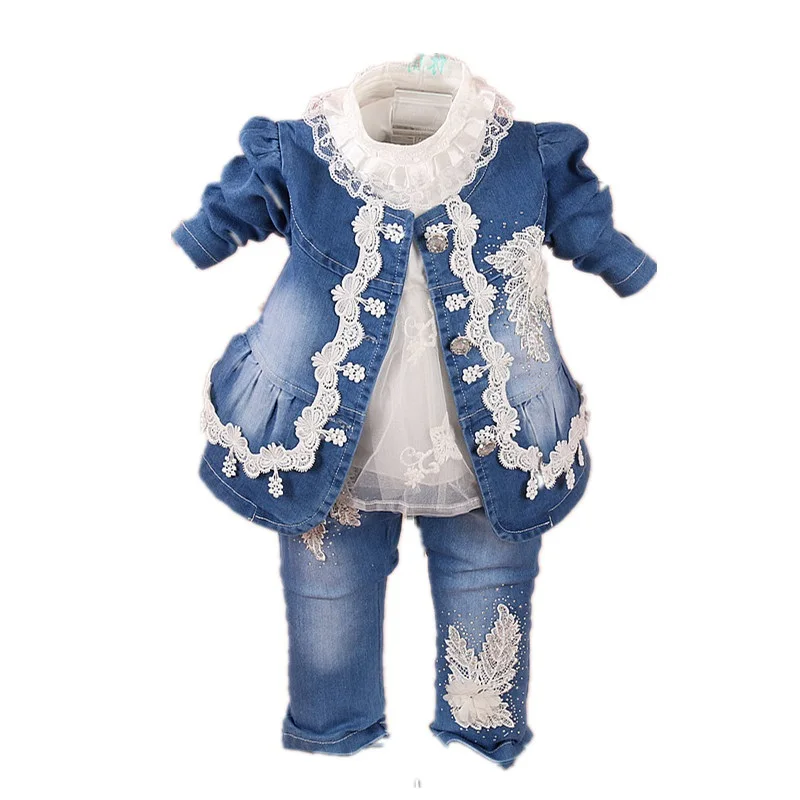

High Quality 2017 Fashion Baby Girl Clothes Set Sping Girl Flower Denim Jacket +t shirt+Pants 3pcs Suits Clothing Sets for 0-2Y