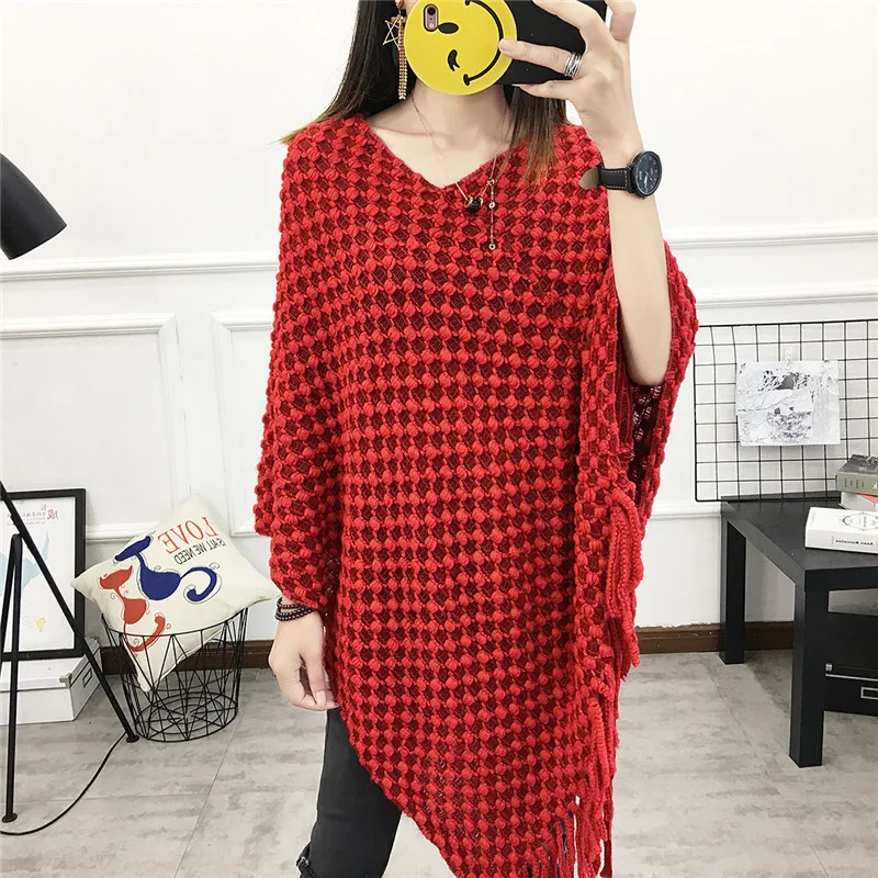 

2019 women's sweater irregular v-neck tassel pullover sweater female loose large size shawl cloak