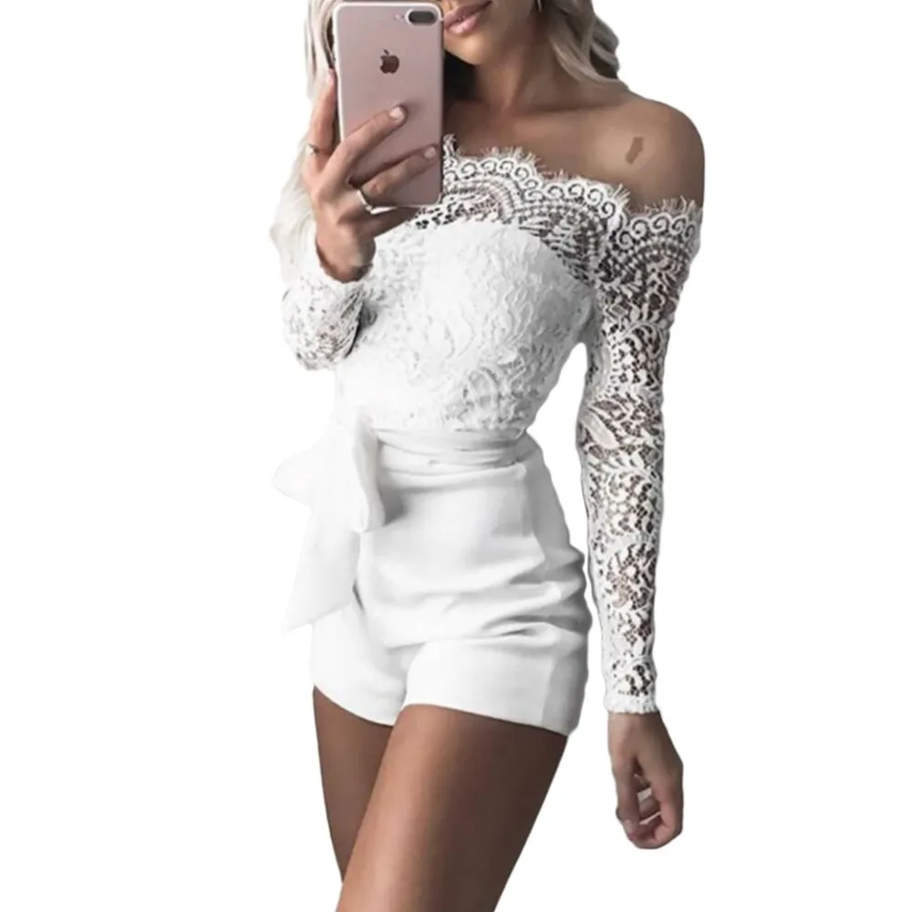Off Shoulder Bodysuit Cheapest Pants Jumpsuit Short Romper Women Lace F2984 Patchwork with Cloth Long Sleeve | Женская одежда