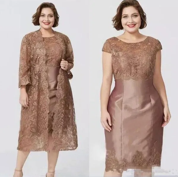 Chic Brown Short Sleeves Sheath Mother`s Dresses with Full Lace Jacket Elegant Tea Length Mother of the Bride Dress Custom Made