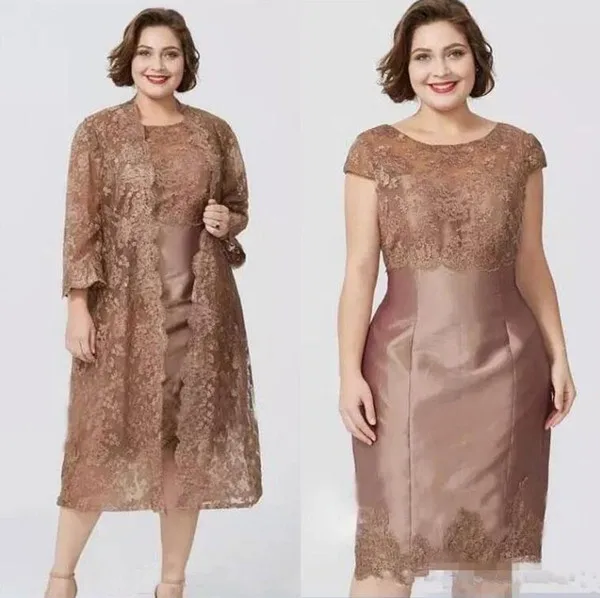Chic Brown Short Sleeves Sheath Mother's Dresses with Full Lace Jacket Elegant Tea Length Mother of the Bride Dress Custom Made