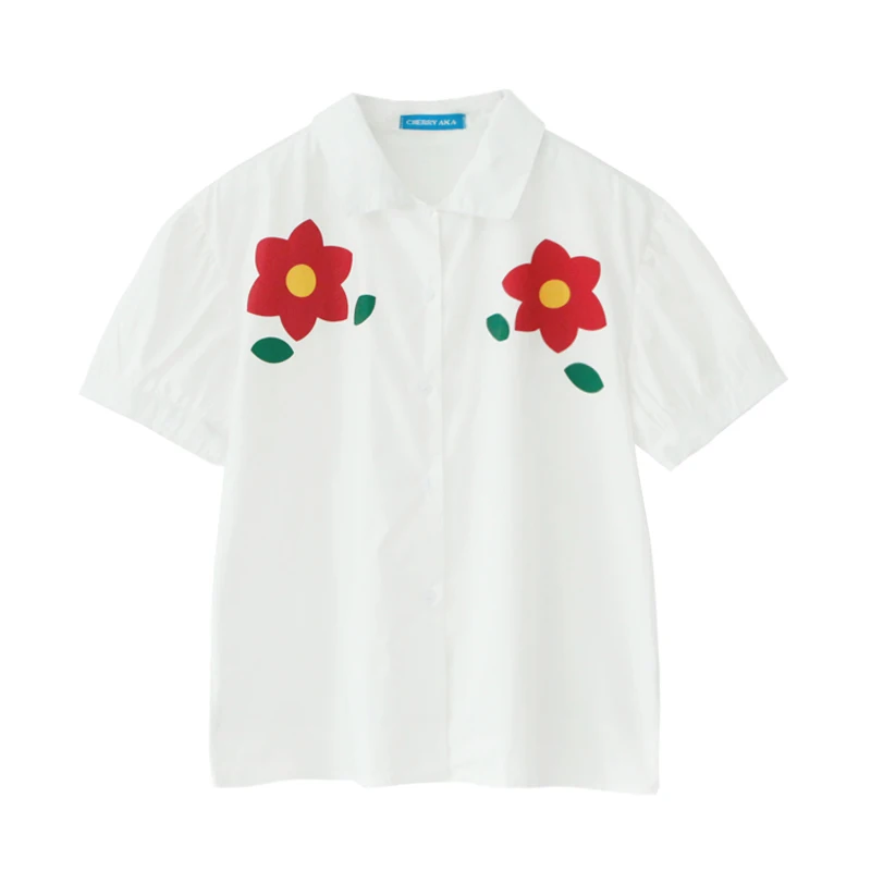 

2019 New Summer Shirts Women Retro Flower Print Shirts Loose Lapel Harajuku Cute Flower Short Sleeve Shirts Female #6357