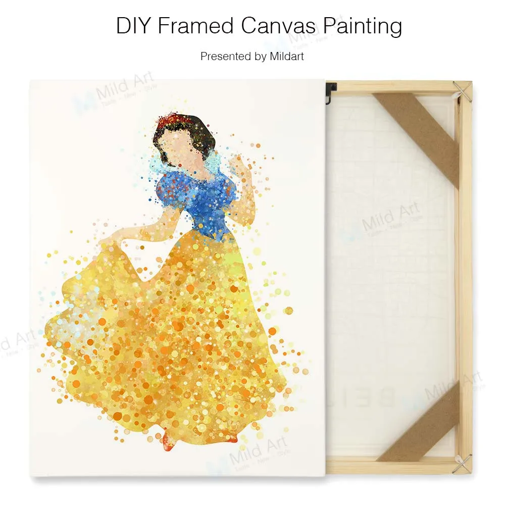 

Watercolor Princess Movie Elsa Cinderella Poster Wall Art Picture Girl Kids Room Decor DIY Natural Wooden Framed Canvas Painting