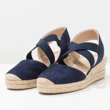 

Women Hemp Platform Sandals Summer Slip On Wedge Shoes Female Flock Cross Strap High Heels Sandals Plus Size Footwear