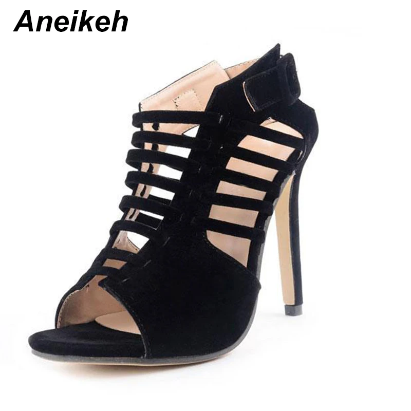 

Aneikeh 2019 Summer Roman Sandals Fashion Female High Heeled Cross Straps Hollow Sexy Open Toe Sling Lace Sandals Thin Heels