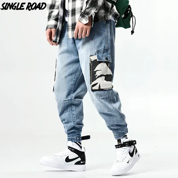 

SingleRoad Men's Blue Jeans Men 2019 Camo Side Pockets Denim Cargo Pants Male Ankle Length Streetwear Hip Hop Trousers Men