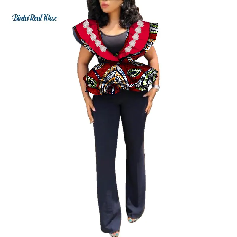 Женская африканская одежда Топ Футболка Базен Риш Дашики Африканский принт v-образный вырез оборки Кружевная аппликация на воротник топ рубашки WY946