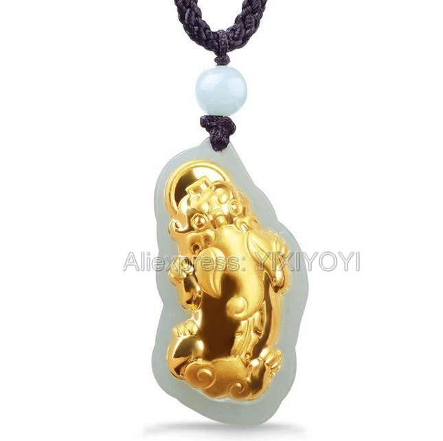 

Beautiful Natural White Hetian Jade + 18K Solid Gold Inlaid Chinese PIXiu Lucky Amulet Pendant + free Necklace Fine Jewelry