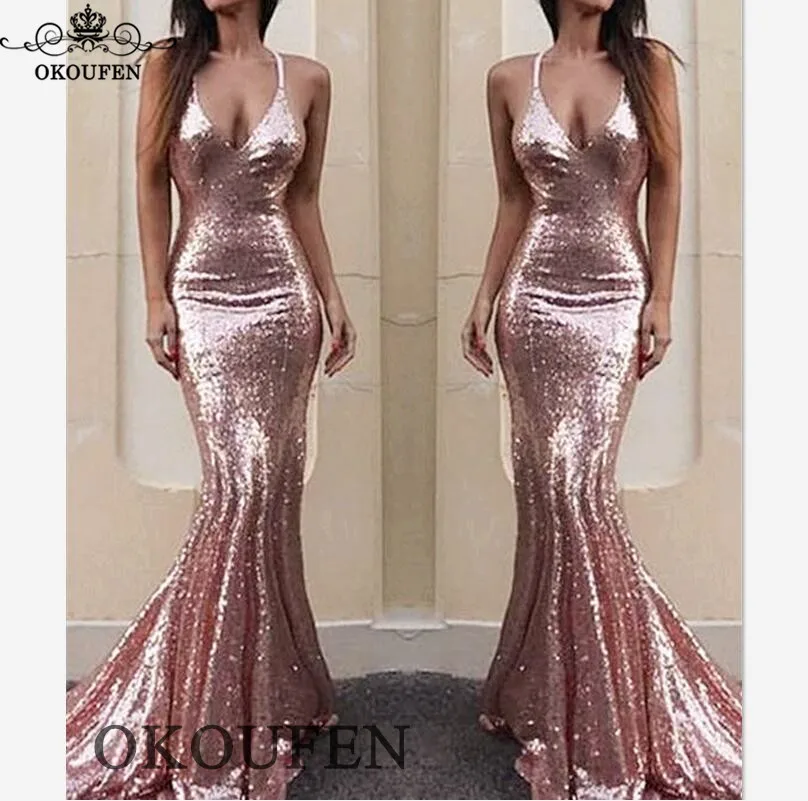 

Bling Pink Sequined Mermaid Prom Dresses Spaghetti Strap Backless Long Pageant Evening Dress For Women Vestidos De Gala
