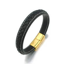 Помолвочный черный браслет из натуральной кожи и браслет для модных ювелирных изделий из нержавеющей стали Магнит застежка для мужчин Веревка Браслет цепочка L144