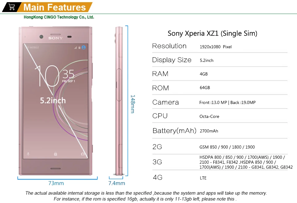 Мобильный телефон sony Xperia XZ1 G8341 4G ram 64G rom 5," Octa Core 19MP 2700mAh с одной sim-картой Android LTE