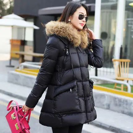 Cheap 2015 Autumn Winter New Woman Down jacket Mid Long Raccoon Fur collar Loose Down Parkas Coat