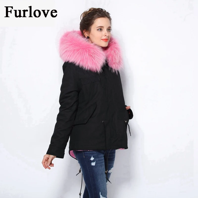 Winter Jacket Women 2017 Real Raccoon Fur Collar Black Jackets Denim