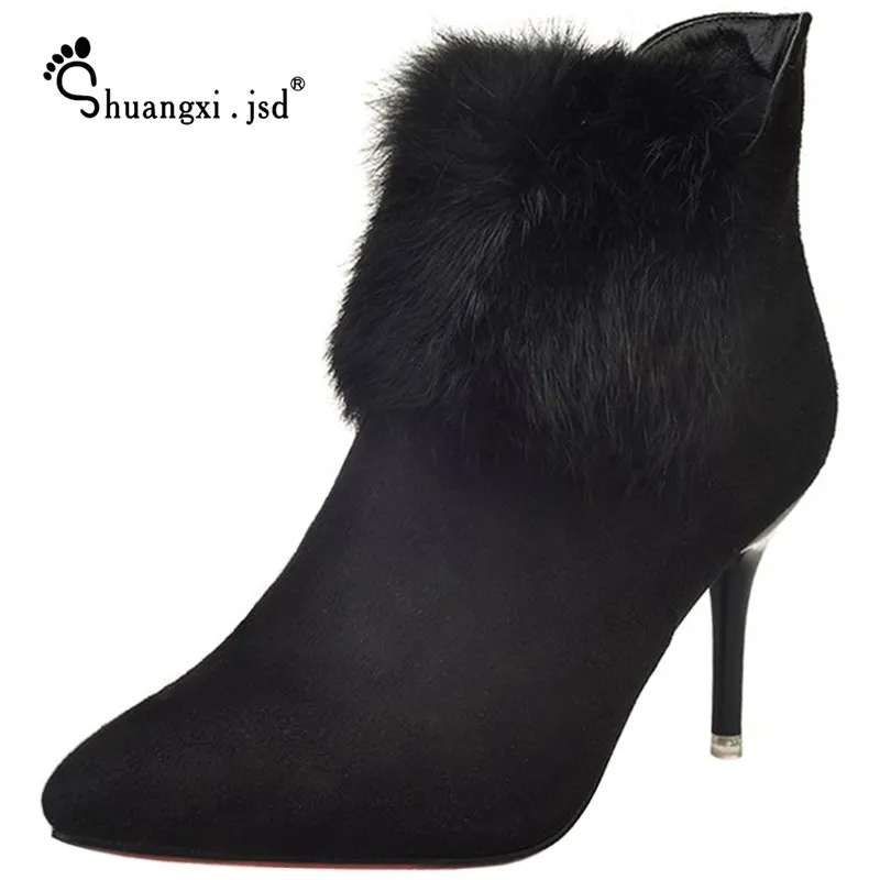 

Shuangxi.jsd Women Winter Boots For Girls Black Ladies Shoes Heel Ankle Slip-On Thin Heels Boots Plush Botines Mujer 2018