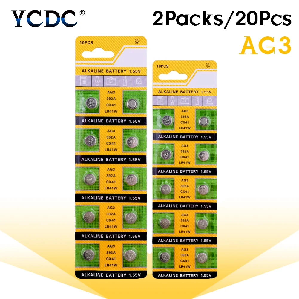 YCDC 20 штук щелочной Батарея 1,55 V AG3 192 384 392 392A L736 LR736 SR41 SR41SW CX41 G3 LR41 SR41W V3GA часы кнопочный элемент