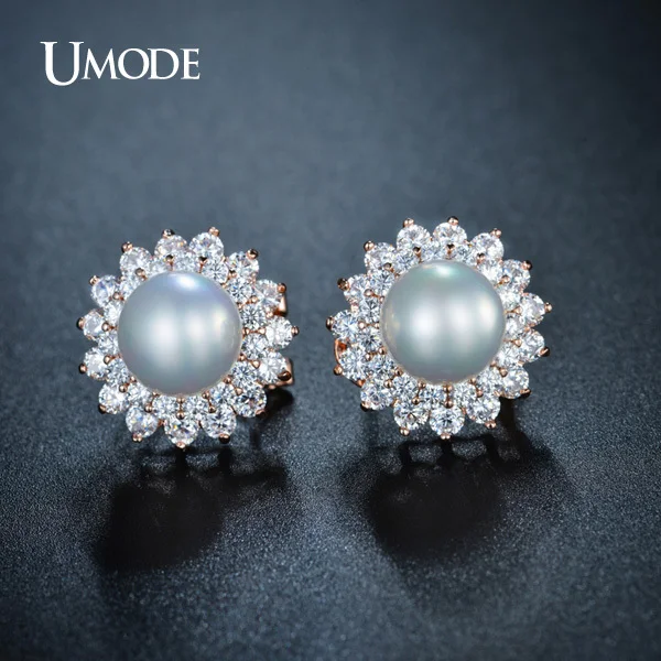 UMODE Noble Shaped Synthetic Pearl Earrings French Clip Stud Earrings Semi Joias New Rose Gold Color Jewelry Aretes UE0161A