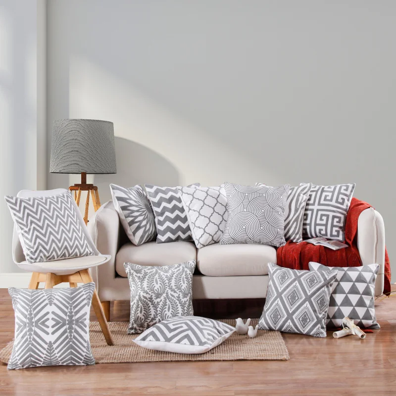 

Cotton Embroidered Cushion Cover Grey Geometric Home Decor Pillow Cover Christmas Gift Sofa Throw Pillow Case 45X45CM