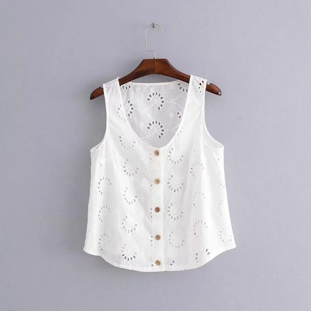 

2018 women vintage sleeveless hollow out embroidery buttons black white blouses shirt female chic femininas blusas tops LS2461