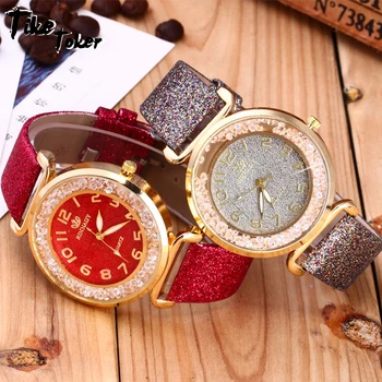 

TIke Toker, Women Watches Crystal Ball Big Dial Shiny PU Leather Strap Wristwatch Ladies Analog Quartz Watch Gift LL@11