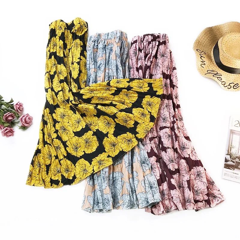 Большая Цветочная юбка Женская Новая мода принт плиссированная юбка длинный абзац Нижняя юбка Винтаж юбка с рисунком